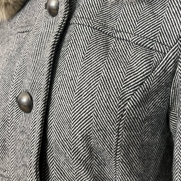 Esprit Women’s M Wool Blend Herringbone Coat Faux Fur Hood Button Front Winter - Picture 3 of 15
